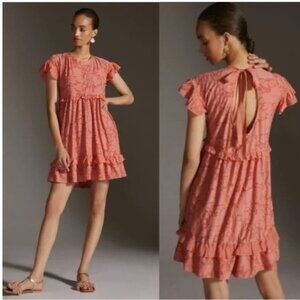 Anthropologie Ruffle Knit Mini Dress Peachy Pink Size M Relaxed Fit